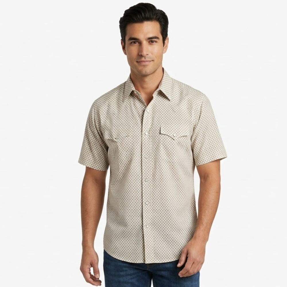 Wrangler Wrancher Western Shirt Men's XL Beige Geometric Pearl Snap Short Sleeve